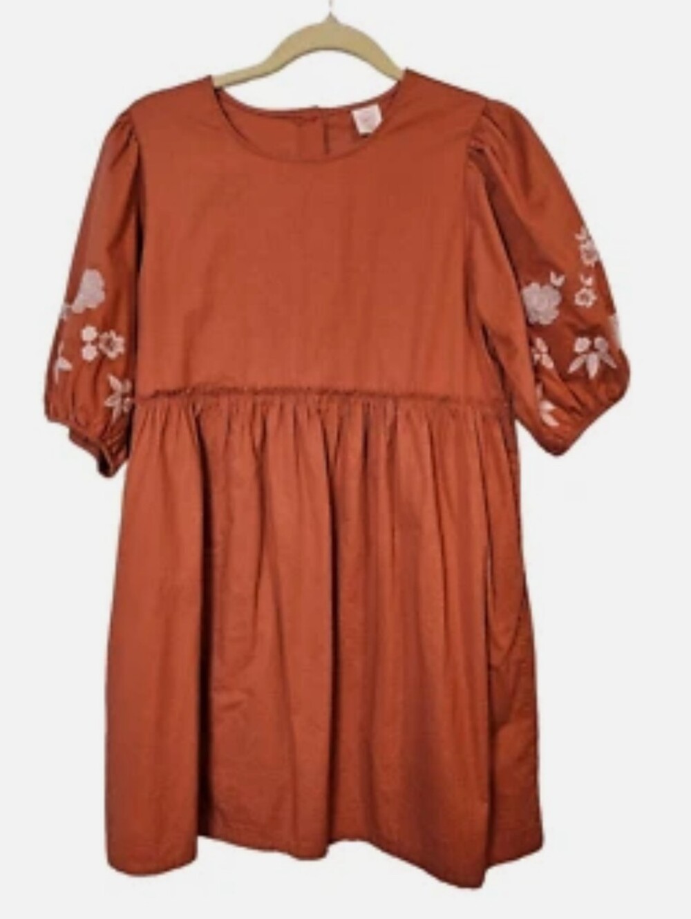 Girls' Rust Orange Puff-Sleeve Dress with Floral Embroidery
